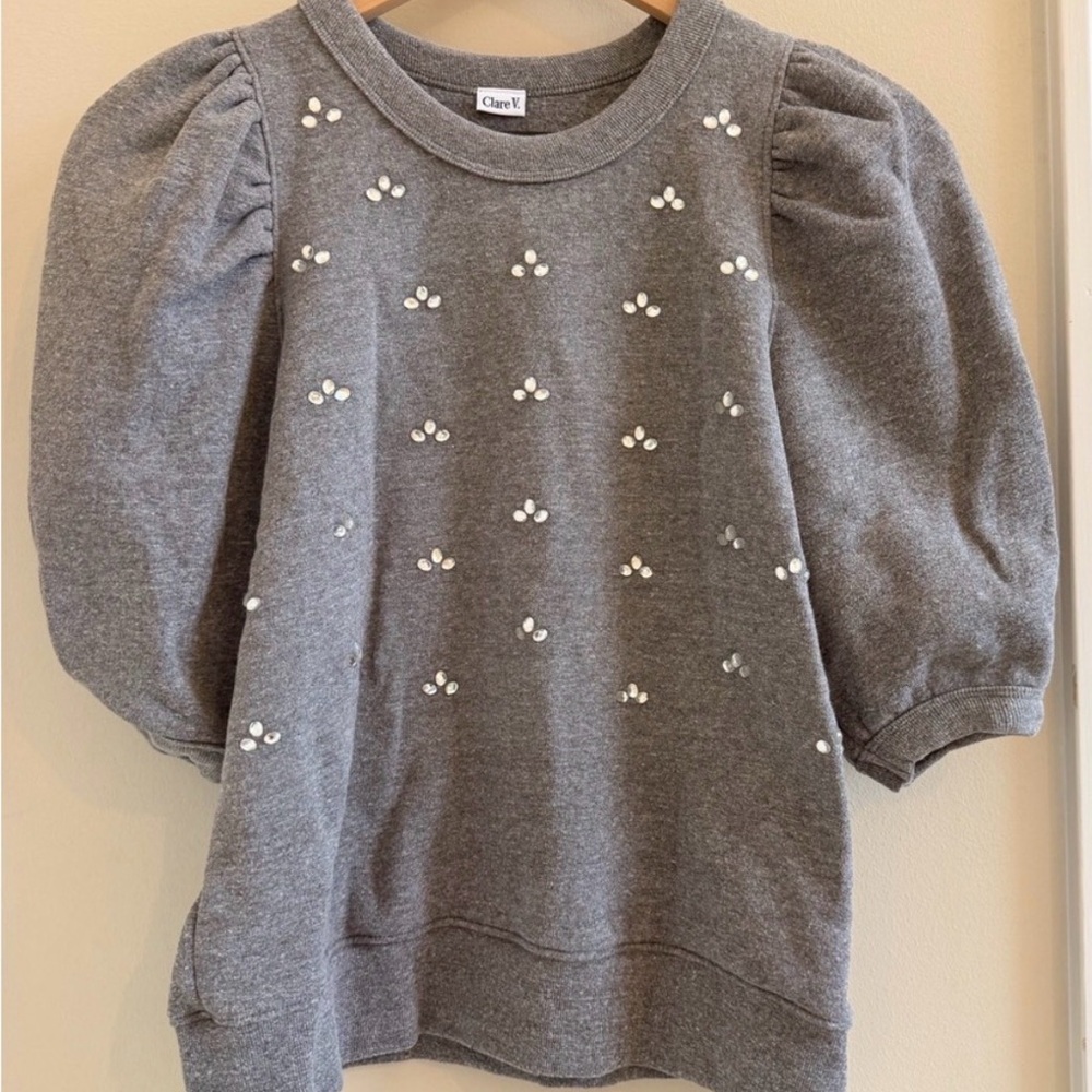 Clare V Gray rhinestone Puff-Sleeve Sweatshirt